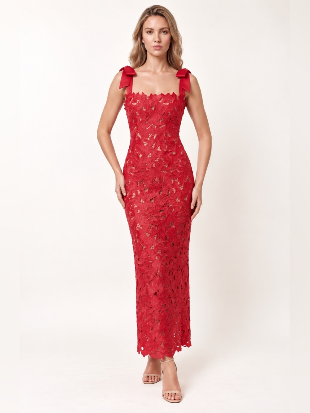 DESIGNER’S CLOSET Jenny Maxi Dress Red XS | Bow Strap Lace Formal Column Gown